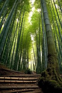 bosque de bambú con escaleras de bambú para atravesar las largas cañas de bambú frondoso a ambos lados